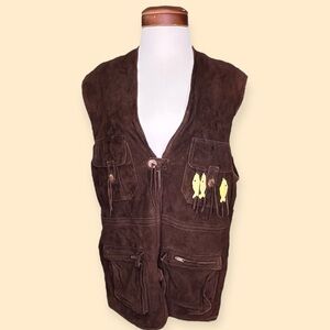 LIVINGSTON WILLIAMS Vintage SUEDE Vest w Zip Pockets Fish Ornaments  Sz 2